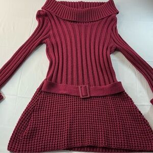 Ribbed Off-Shoulder Belted Mini Dress - Burgundy